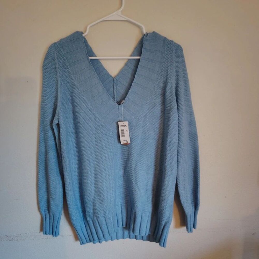 Cyrus Frayed Blue V Neck Long Sleeve Sweater Size S NWT New